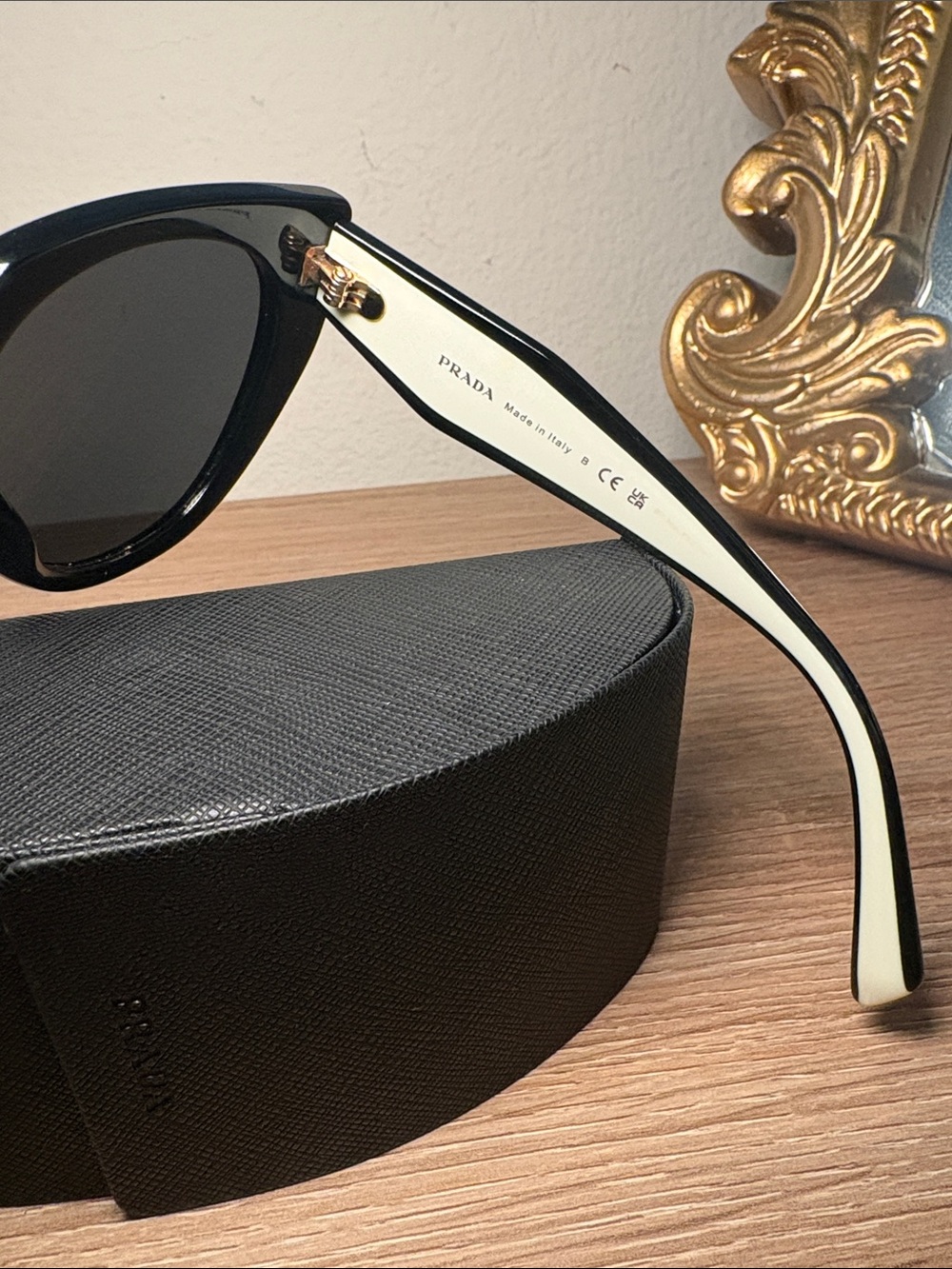 Prada Black Frame with White Arms Cat-Eye Sunglasses- With Case. AS IS - Picture 12 of 14